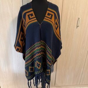 Southwest Style Geometric Patterned Sweater Knit Poncho with Fringe